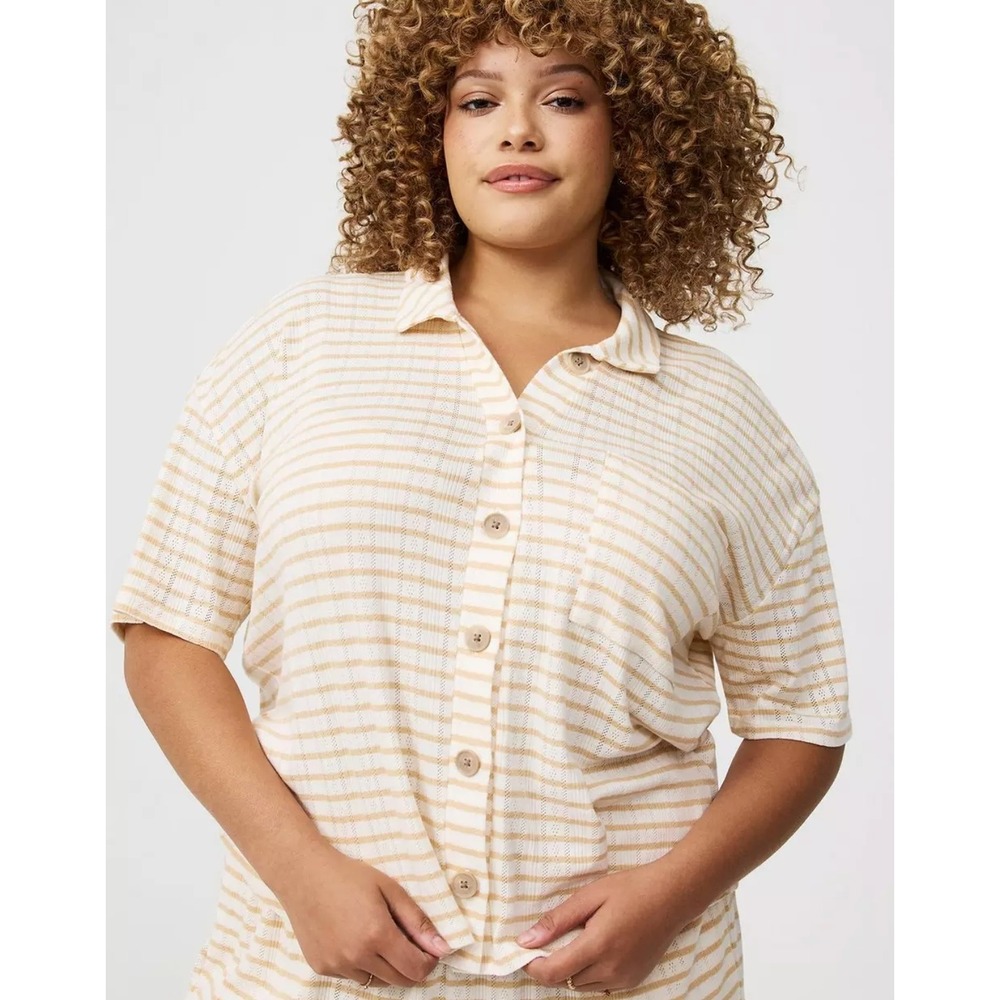 Torrid Women Plus Size 2 Striped Pointelle Knit Button Up Shirt Yellow Stripes
